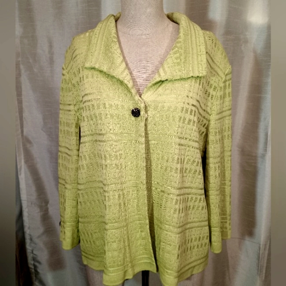 Ming Wang Knit Cardigan, 3/4 Sleeves, Collar Jeweled Buttons, Lime Green, XL